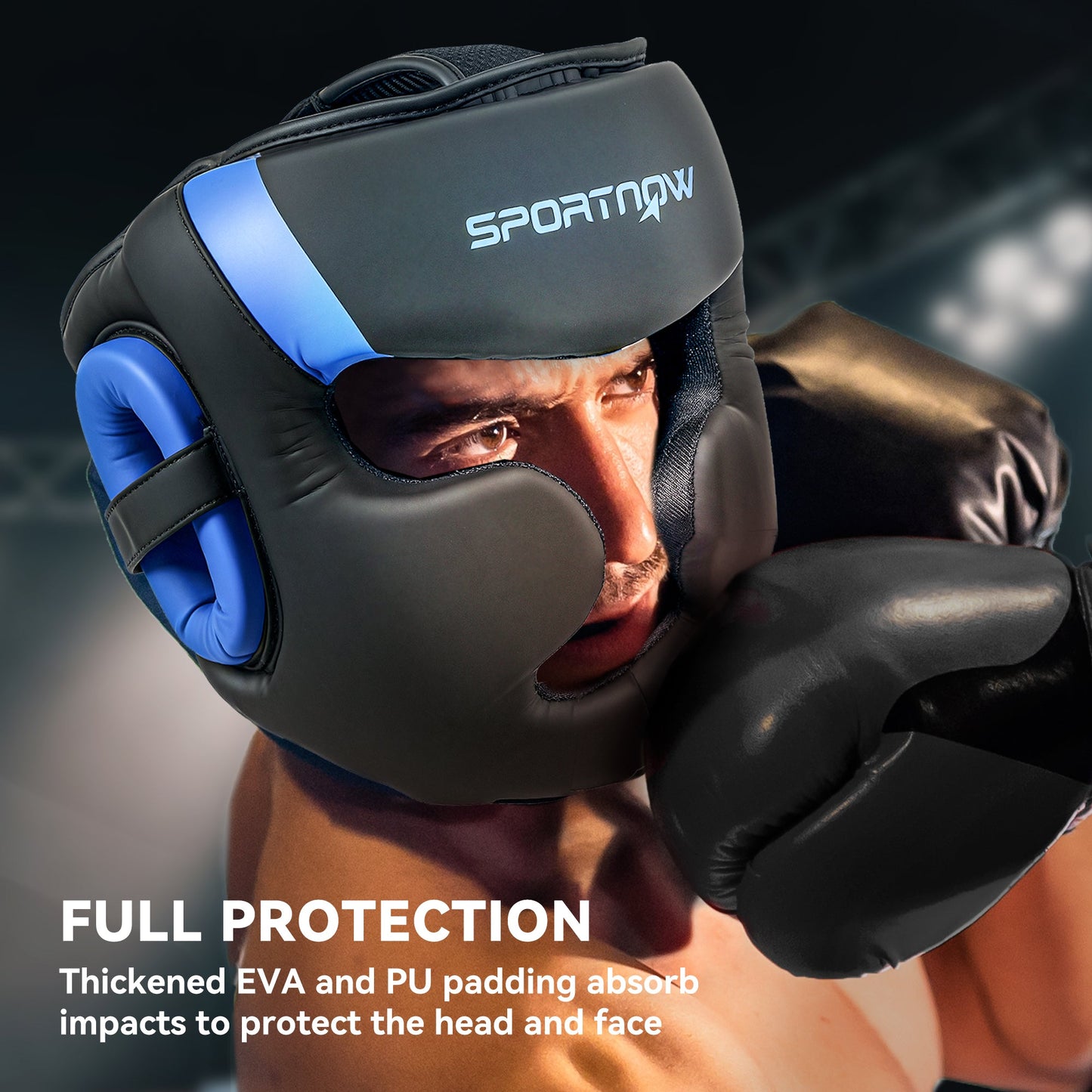 Boxing Headguard, Boxing Headgear Helmet with Adjustable Strap for Full Face Protection for Kickboxing Sparring Martial Arts Karate Taekwondo, Blue-3