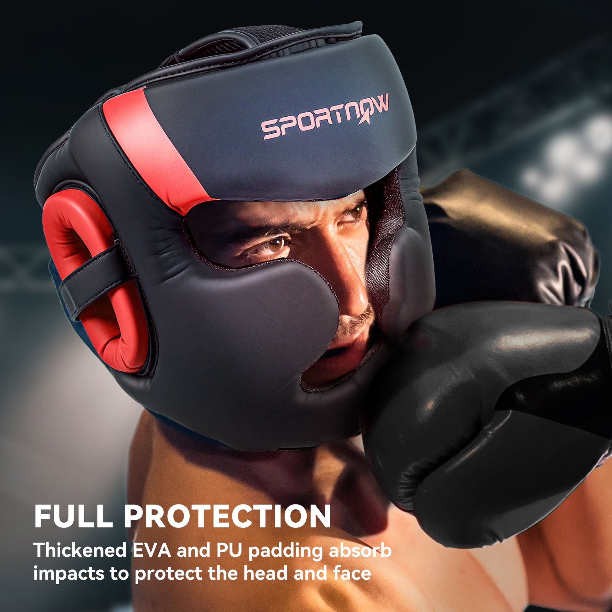 Boxing Headguard, Boxing Headgear Helmet with Adjustable Strap for Full Face Protection for Kickboxing Sparring Martial Arts Karate Taekwondo, Red-3
