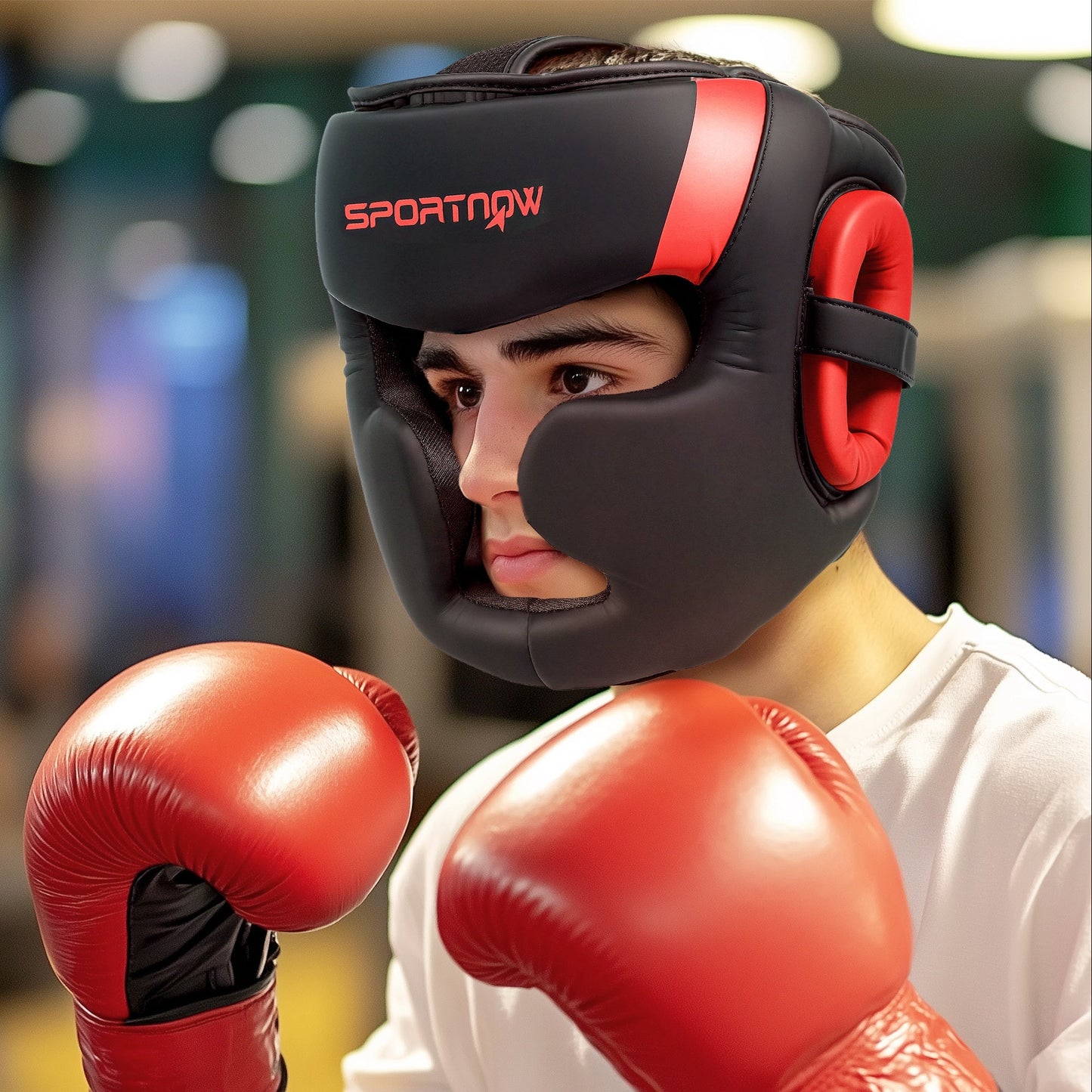 Boxing Headguard, Boxing Headgear Helmet with Adjustable Strap for Full Face Protection for Kickboxing Sparring Martial Arts Karate Taekwondo, Red-1