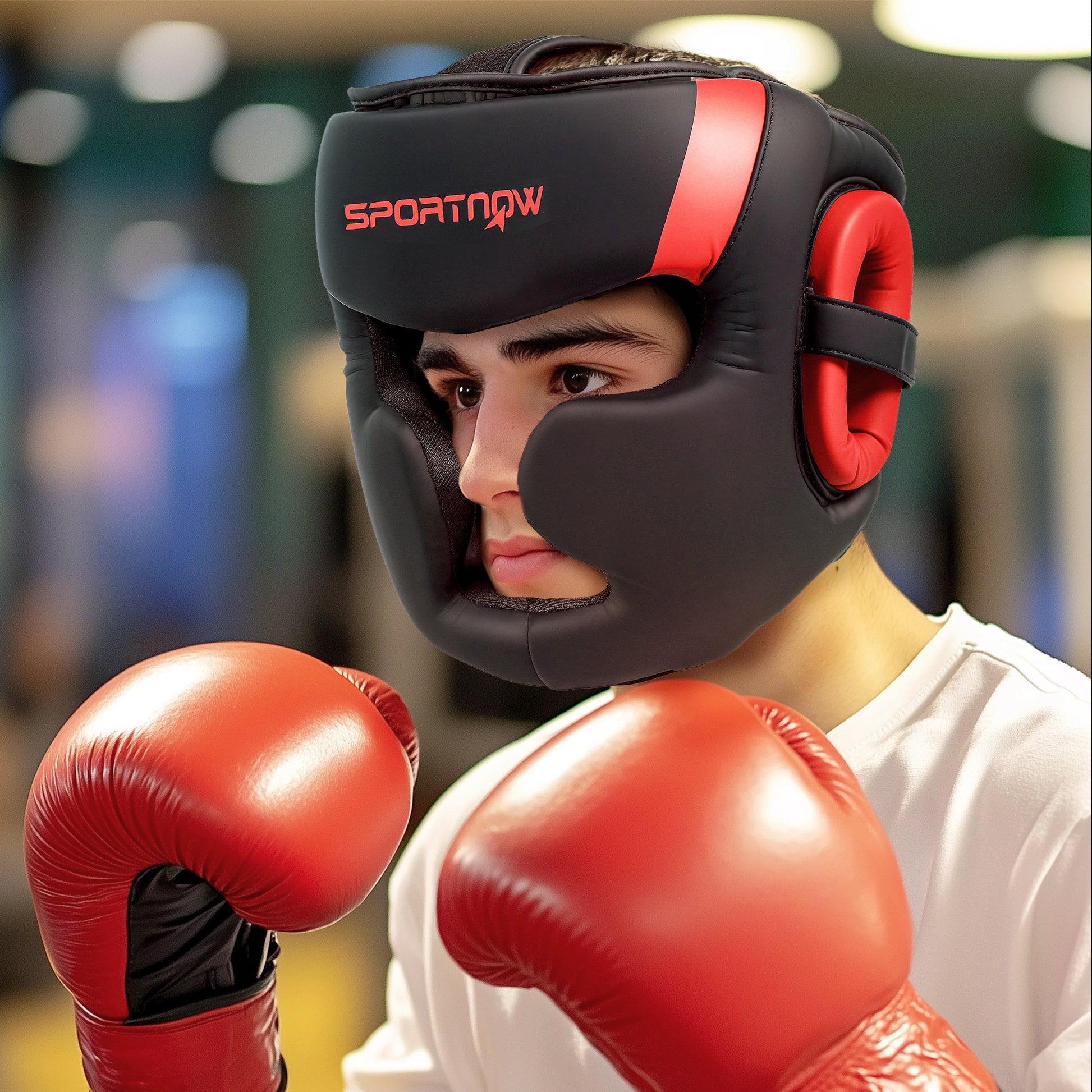Boxing Headguard, Boxing Headgear Helmet with Adjustable Strap for Full Face Protection for Kickboxing Sparring Martial Arts Karate Taekwondo, Red-1