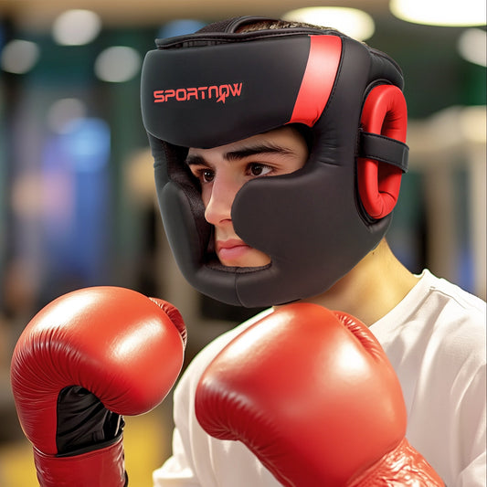 Boxing Headguard, Boxing Headgear Helmet with Adjustable Strap for Full Face Protection for Kickboxing Sparring Martial Arts Karate Taekwondo, Red-1